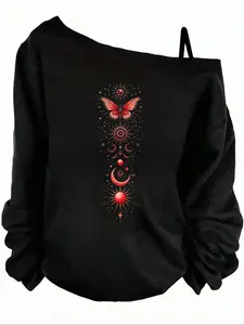 Women's Autumn Casual Loose Fit Long Sleeve T-Shirt, Butterfly Print, Comfortable and Versatile, Perfect for Daily Wear