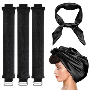 4 in 1 Pack Heatless Curls No Heat Curling Rod Velvet Hair Curlers & Silk Scarf Styling Kit for Long Medium Hair Black