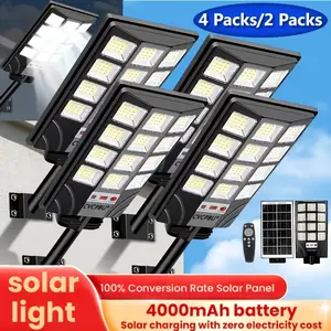 Solar-Powered Street Flood Lamp, Dusk-to-Dawn IP65 Waterproof Dimmable 6500K Security Light with Remote Control for Parking Lots