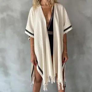 Silvia Kimono & Beach Cover-Up - Cotton Top with Fringe Detail, Long Sleeve, White, Fits Short Sleeve Top, Ideal for Summer Wear