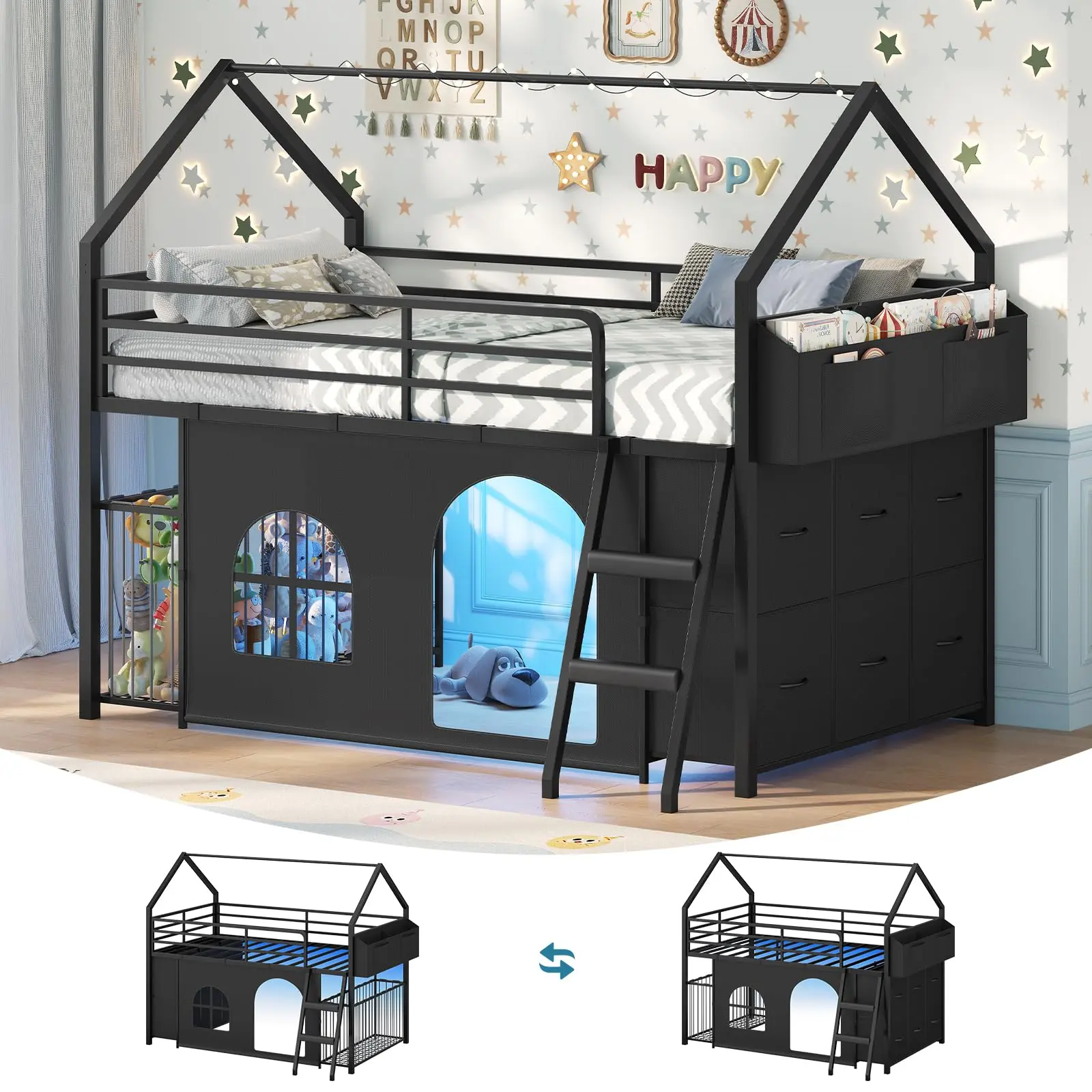 Loft Bed Twin Size with 6 Drawers, LED Lights & Stuffed Animal Storage, Metal House Loft Bed with 13” Safety Guardrail & Inclined Ladder, Twin Low Loft Bed Frame Play Curtain, Under-Bed Play Space, Black
