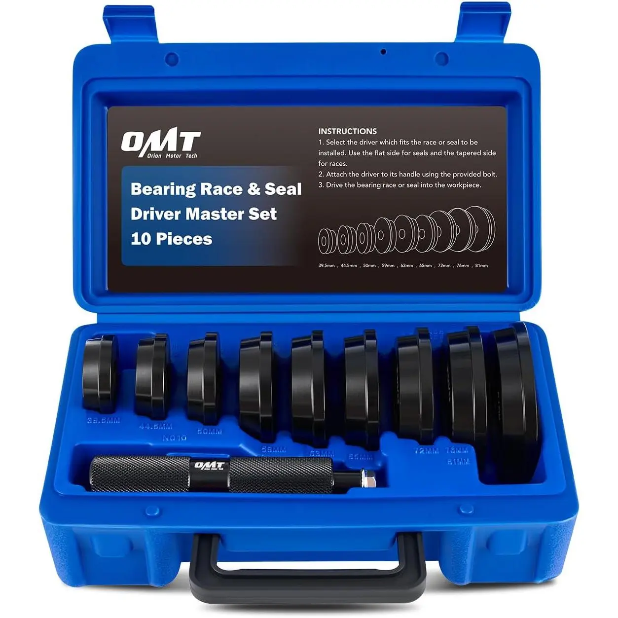 Bearing Press Kit, 10pc Bearing Race and Seal Driver Set with Seal Driver and 9 Bearing Adapters, Seal Installer Bearing Driver Kit for Bearing Installation, with Blue Case