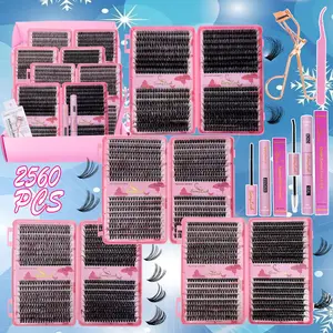 2560PCS Individual Cluster Eyelash Extension Kit with Bond Seal Remover Applicator and Curler,30D40D50D60D80D Mixed Styles and Length Cluster Lashes Gift Pack for Christmas