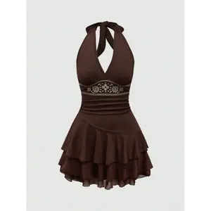 ROMWE Hippie Hippie Sun Totem Embroidered Spaghetti Strap Layered Hem Short Dress For Women