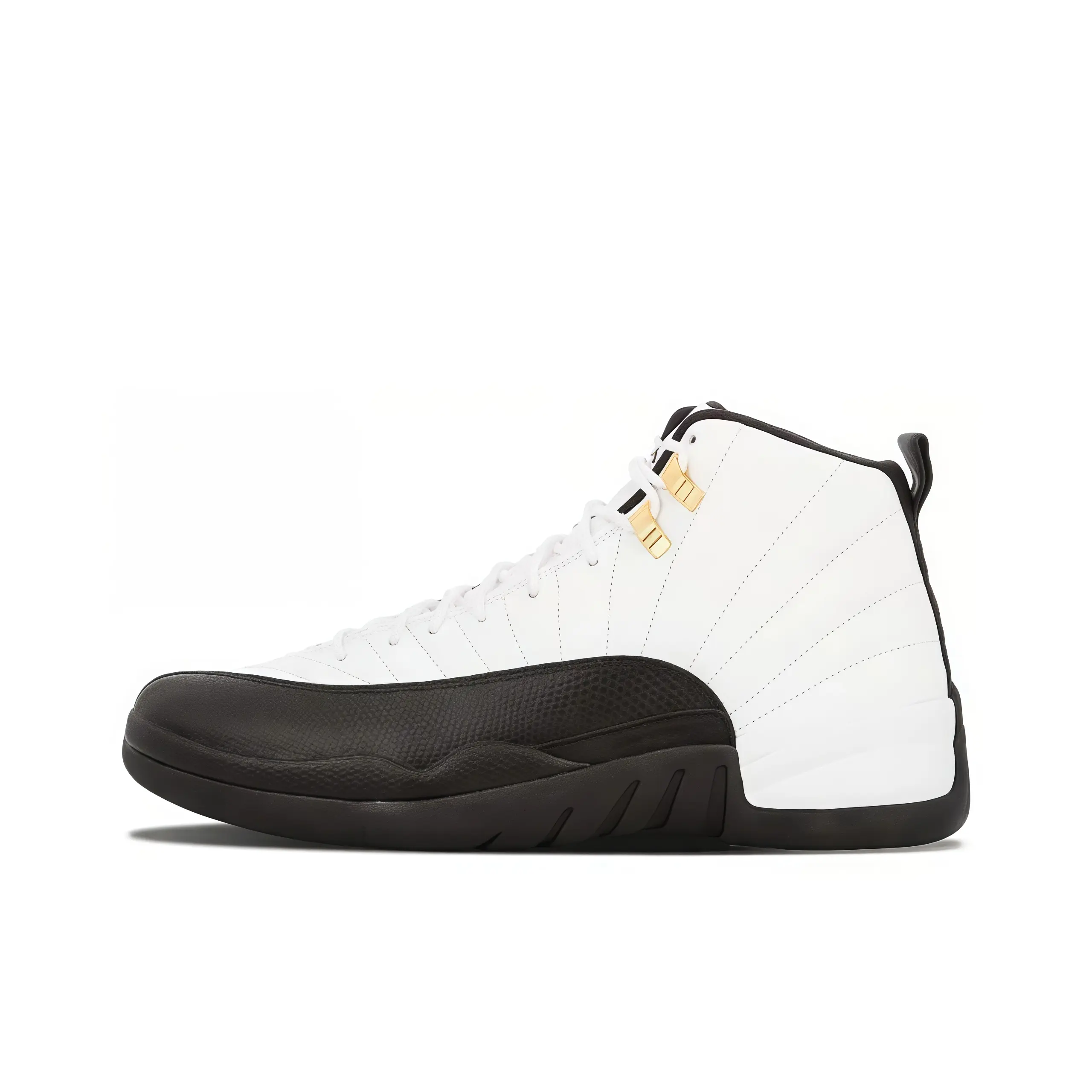 White black two-tone polished gold lace lock high top basketball sneakers, timeless unisex hypebeast street kicks, full reptile textured black toe cap, solid black sculpted heel midsole, smooth white leather main upper, thick layered rubber outsole