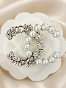Women's Sparkling CC Letter Brooch with Pearls and Crystals, Vintage Gold/Silver Tone, Statement Accessory