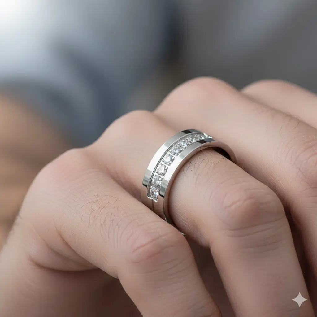 Lanyjewelry Men's 316 Stainless Steel Tusk Ring - 6mm Wide, Hypoallergenic, Rust & Tarnish Resistant, 9 Round Non-Natural CZ Cubic Zirconia Stackable Ring, Elegant Modern Daily Wear, Stackable Rings, Cubic Zirconia Ring