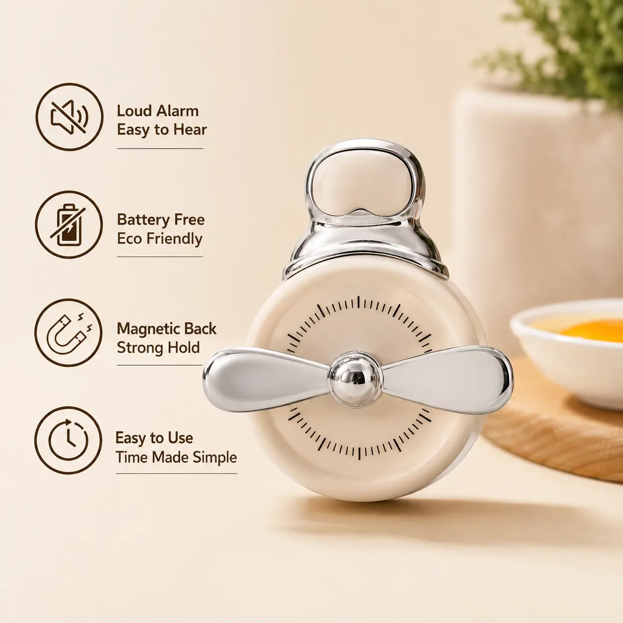 Propeller Shaped Mechanical Kitchen Timer - Single Unit, Timers for Cooking, No Extra Batteries, Magnetic Hold, Sound Alarm, Easy to Hear Handy Kitchen Utensil for Daily Cooking Baking