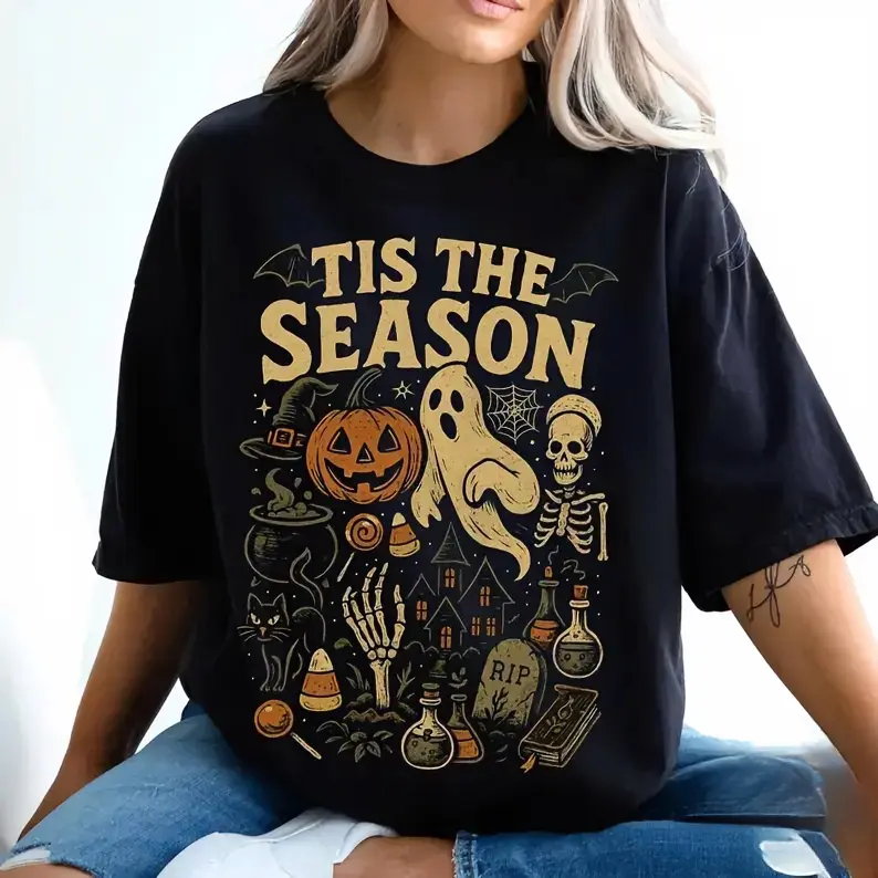 Pumpkin Ghost Graphic Tee, Tis' the Season Halloween Shirt,  Retro Halloween Style, Vintage Halloween Aesthetic, Women's Halloween Gift