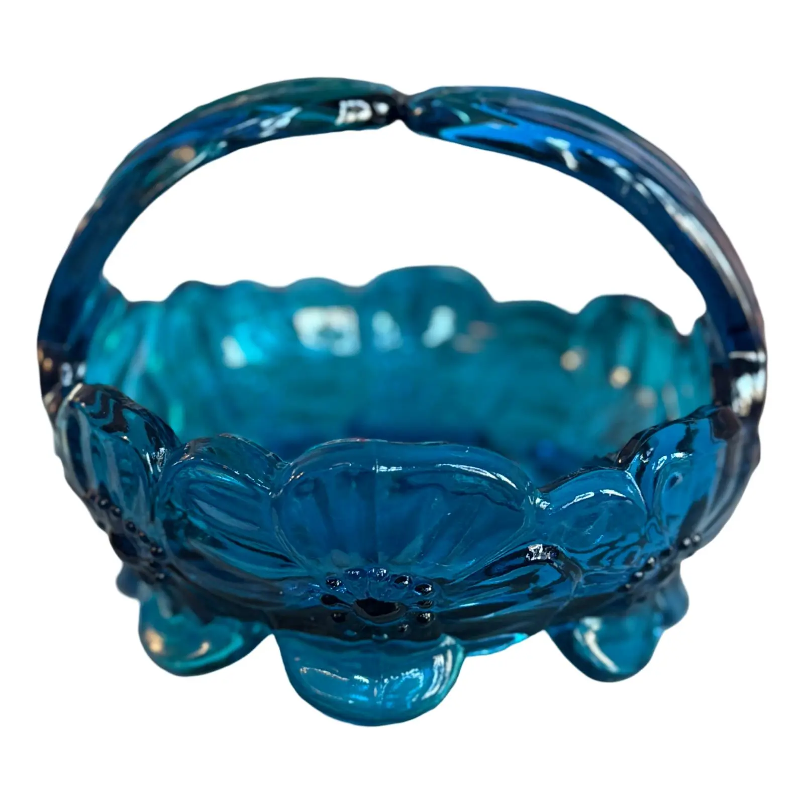 Vintage Blue Glass Flower Basket Bowl with Handle