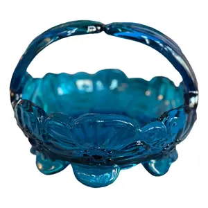 Vintage Blue Glass Flower Basket Bowl with Handle
