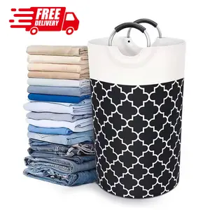 Large Laundry Hamper Basket Foldable, Waterproof Clothes Storage Bag with Aluminum Ring Handles, Collapsible Cotton Linen Laundry Bin for Bedroom, Bathroom, Closet & College Dorm