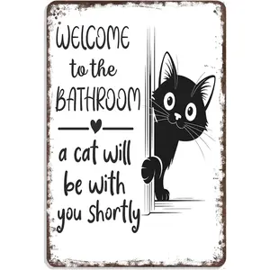 Vintage Halloween Cat Pumpkin Metal Art - "Welcome To The Bathroom" Funny Metal Tin Sign - Retro Bathroom Decor With Cat Design - Aluminum Tin Sign For Restroom 8x12in Artwork Industrial Steel