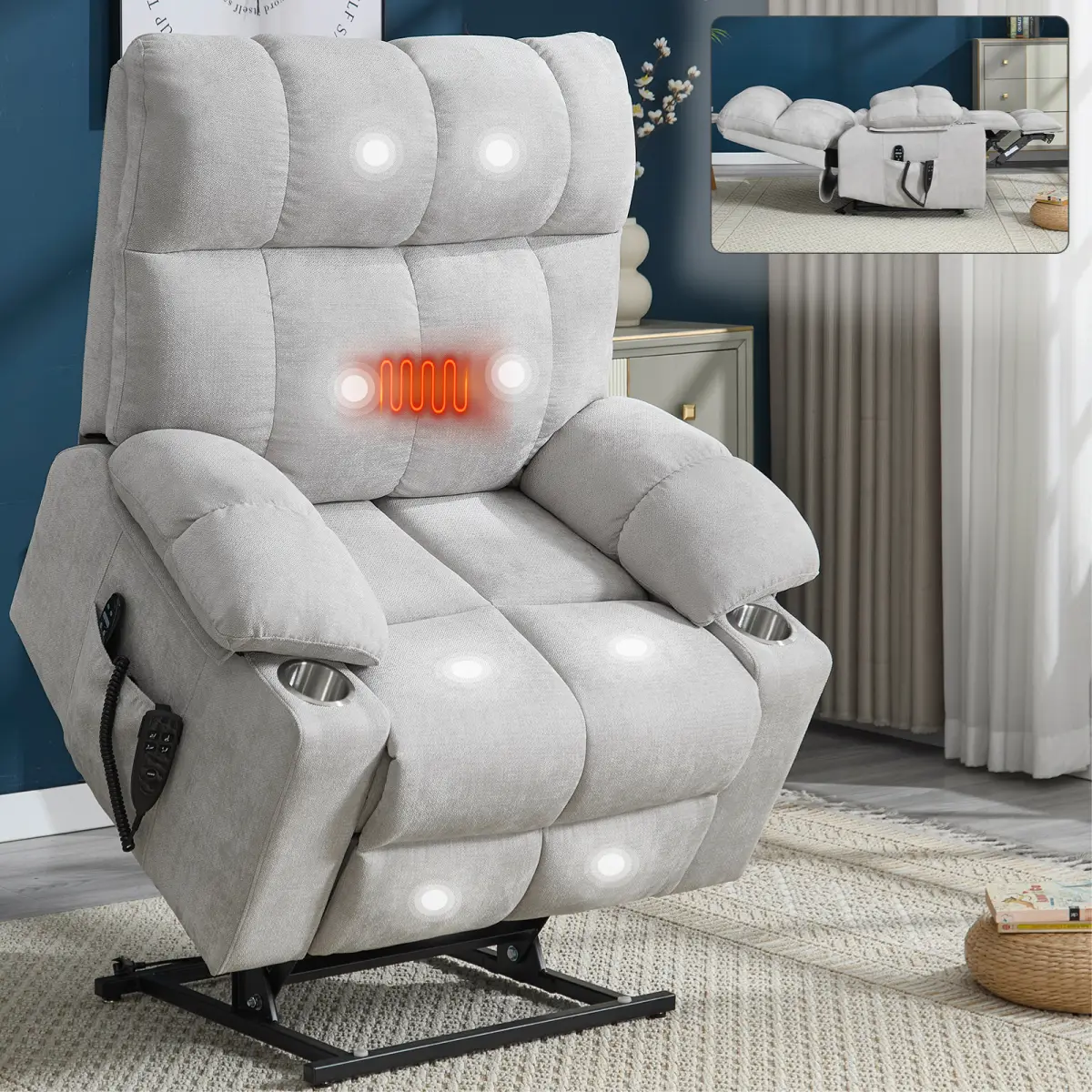 Oversized Power Lift Recliner for Elderly, Dual Motor Chair with Relaxing 8-Point Massage, Lumbar Heat Therapy, and Cup Holders, Heavy-Duty Beige Chenille, 350 lbs Capacity, Timer, Foam, Wood, Sturdy, Stress Relief, Adjustable, Metal, Pine, 350 Lb & Above