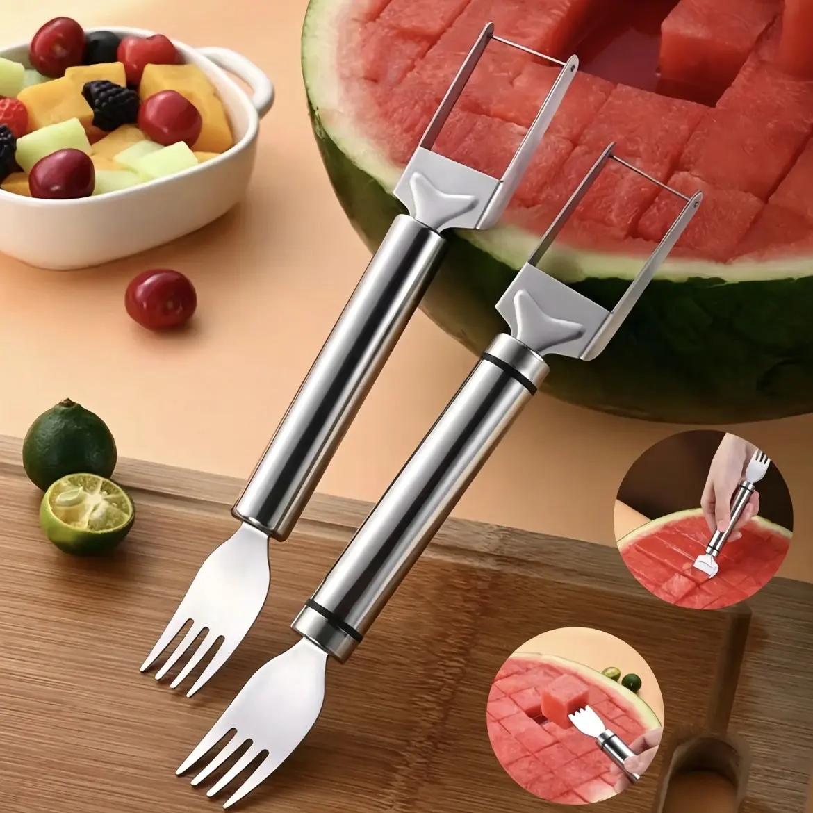 【2 Pack】 Watermelon Fork Slicer, Watermelon Slicer Cutter, Watermelon Cube Cutting Tool, 2-in-1 Stainless Steel Fruit Cutter, Dual Head Fruit Forks Slicer Knife with Round Handle, Fruit Cutting Kitchen Utensils, Kitchen Gadgets, Portable Modern