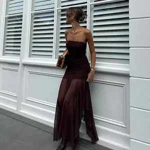 2026 Sexy Tubeless Sleeveless Pleated Slim Mesh Splicing Dress