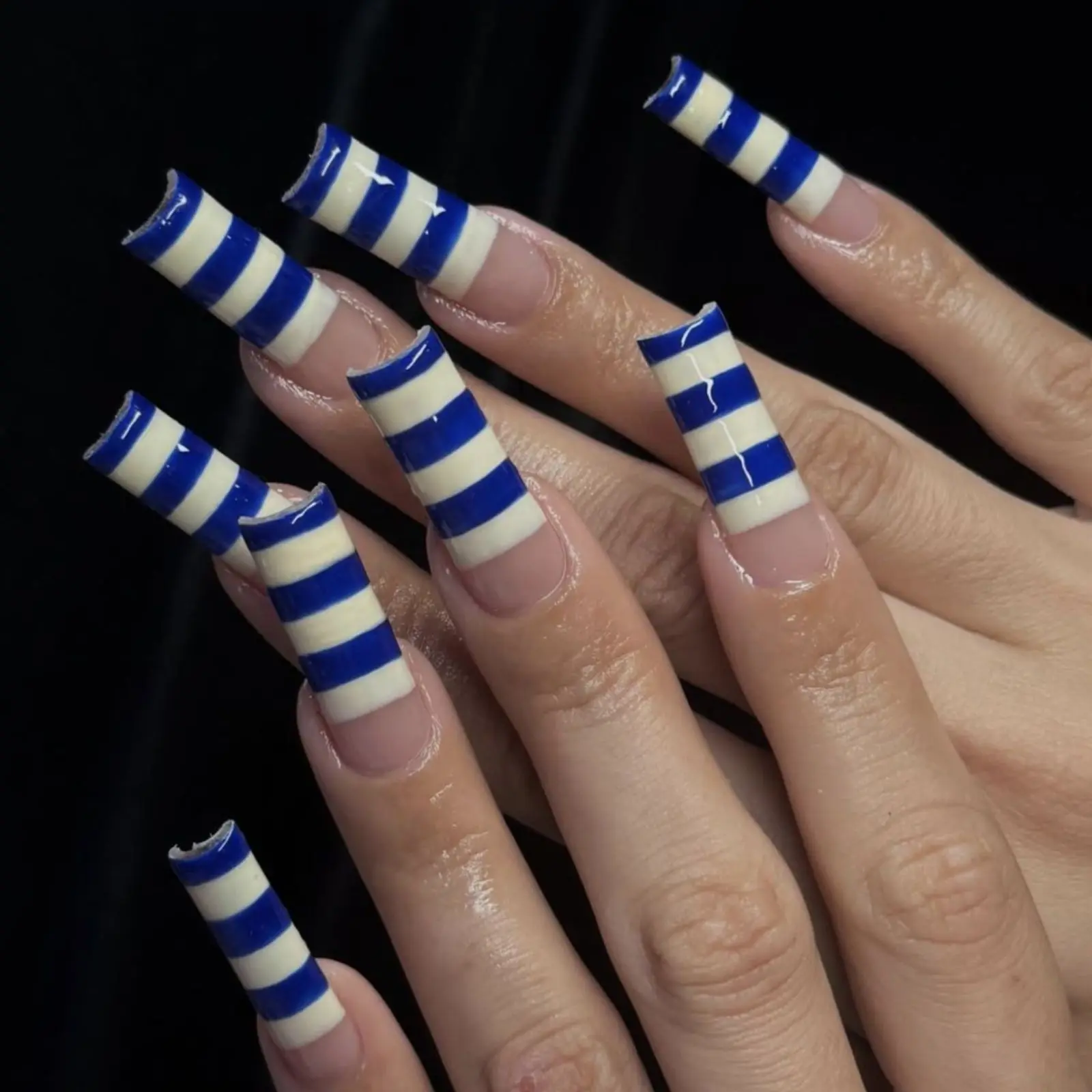 Blue Stripe Press On Nails | Long Square Y2K Nail Art | Royal Blue & Cream Statement Nails
