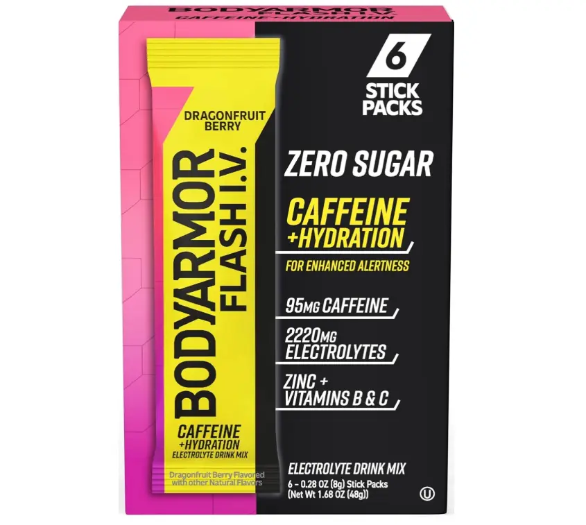 BODYARMOR Caffeinated Flash I.V. Electrolyte Packets, Dragonfruit Berry, Zero Sugar Energy Drink Mix, Single Serve Packs, Hydration for Pre Workout, Just Add Sticks to Liquid (6 Count)