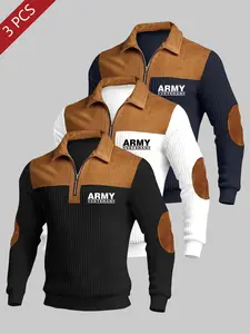 Men's Polo Half-Zip Collar Long Sleeve Top, Letter Print, Polyester Fabric, Casual Fall & Winter Wear, Three-Piece Set