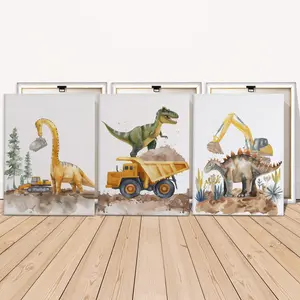 Dinosaur & Construction Themed Wooden Framed Canvas Painting, Dinosaur Themed Design, 3 Counts/set Modern Art Wall Art, Wall Decor for Home Living Room Bedroom Office, Poster