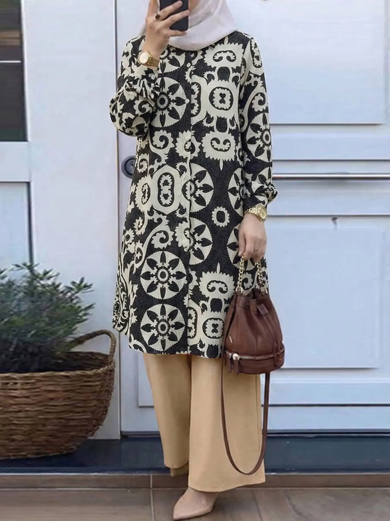 Women's Muslim Modest Casual Matching Clothing Set, Button Front Long Sleeve Printed Shirt + High Waist Loose Straight Pants, All Seasons, Daily Wear Two Piece Set Women, Islamic Clothing Set, Matching Outfits Set