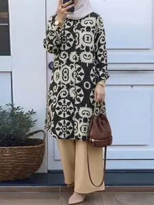 Women's Muslim Modest Casual Matching Clothing Set, Button Front Long Sleeve Printed Shirt + High Waist Loose Straight Pants, All Seasons, Daily Wear Two Piece Set Women, Islamic Clothing Set, Matching Outfits Set