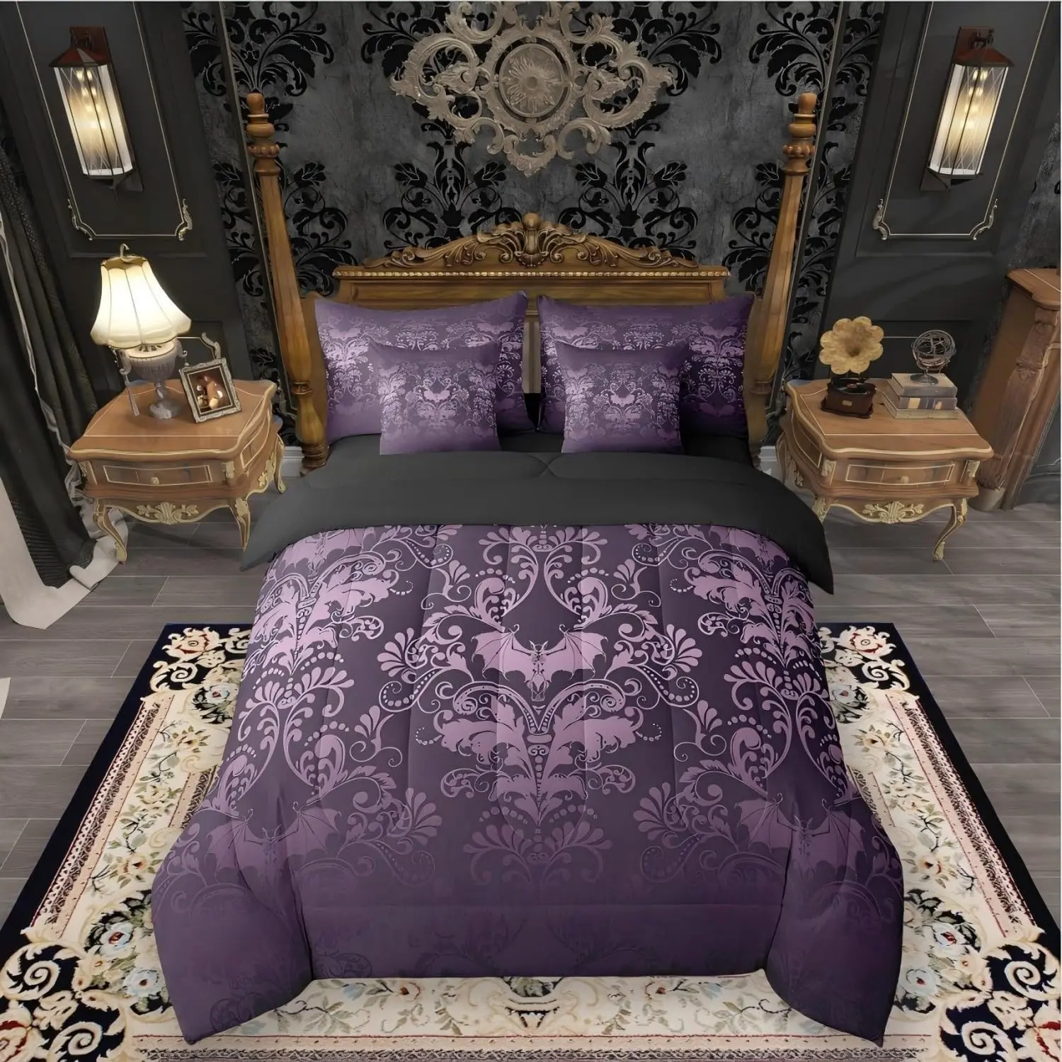 Feelyou 7-Piece Gothic Damask Bed Cover Set - Purple Victorian Floral Goth Microfiber Comforter with Halloween Bat Design, Soft Breathable Multi-Size Bedding (Comforter Set King Option Available)