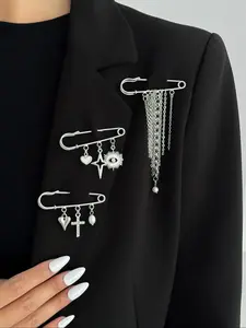 Vintage Silver Multi-Element Brooch Set Heart Sun Cross Pendant with Fringe, Sweet Cool Style Hoodie Jacket Decoration, Fashion Accessory