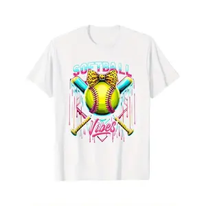 Youth and Adult Softball Ice Cream Drip Shirt, Coquette Bow Softball Vibes Girls T-Shirt, Casual Comfortable Top, Fashion Casual Summer Tee, Crew Neck Short Sleeve T-Shirt