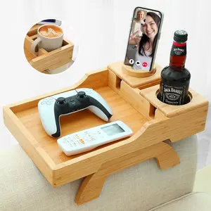 Bamboo Acacia Sofa Wood Arm Tray Table with 360° Phone Holder & Cup Holder Foldable Round Couch Side Table for Eating Drink Snacks Coffee TV Remote Living Room Home