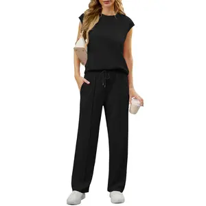 GRECERELLE 2 Piece Sets For Women Summer 2026 Outfits Lounge Sets Sleeveless Sweatsuits Wide Leg Tracksuits With Pockets