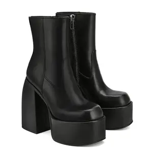 Platform Block Heel Ankle Boots - Women's Round Toe Side Zip Chunky Heel Boots