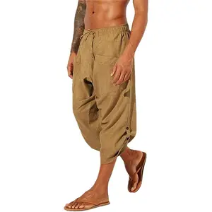 Mens Linen Harem Capri Pants Drawstring 3/4 Shorts Casual Beach Yoga Hippie Thai Pants