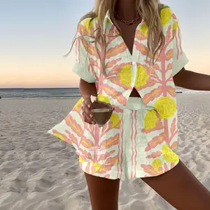 Stylish Print Resort Style Two-Piece Set, Tropical Vacation Style Suit, Bright and Energetic Color Scheme, Seaside Casual Wear