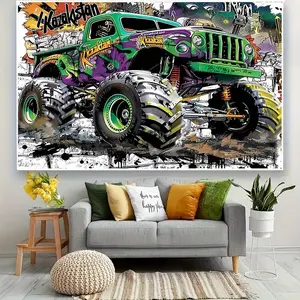 1pc Polyester Material 2D Flat Superhero-Themed Party Backdrop - Green Tractor & Off-Road Vehicle Design, Single-Sided Print, White cm Banners, No Power Needed, Ideal for Photo Booths & Outdoor Decor