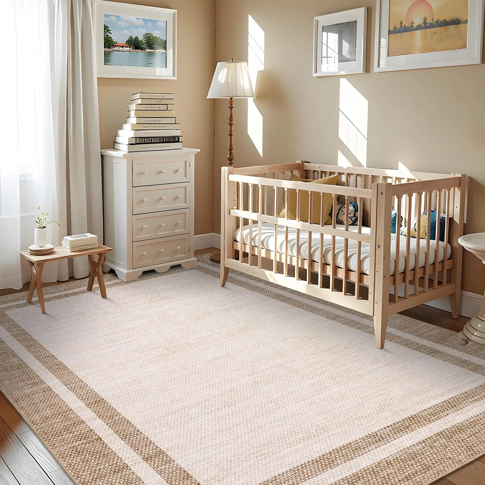 Garvee 8x10 Beige Area Rug - Washable, Non-Slip, Stain Resistant Carpet for Living Room, Bedroom, Dining Room, Apartment, Nursery - Modern Solid Minimalist Border Design, Soft and Durable Floor Cover