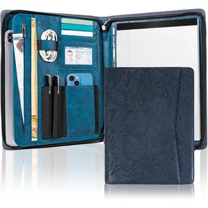 Dark Blue Embossed Portfolio Binder,Padfolio for Men and Women,Vegan PU Leather Padfolio with Zipper,A4 Planner Folder with Laptop Pocket, WorkBinder Organizer for Resume/Interview