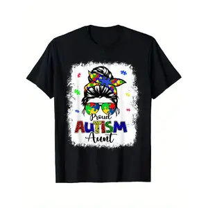 Proud Autism Aunt Women'S T-Shirt with a Bleached Messy Bun Design, 180G
