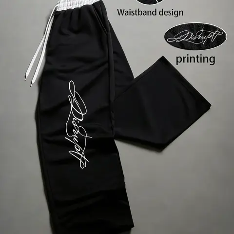 Men's Baggy Sweatpants - Unisex Streetwear Clothing, 2000s Clothes Comfy Pants, Loose Fit Style, Black-White Contrast, Faux 2-Piece Belt Design, Unconventional Sweatpants Print, Relaxed Straight-Leg, Evening-Ready