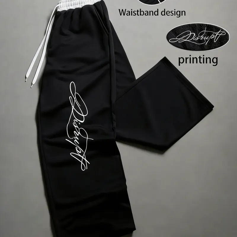 Men's Baggy Sweatpants - Unisex Streetwear Clothing, 2000s Clothes Comfy Pants, Loose Fit Style, Black-White Contrast, Faux 2-Piece Belt Design, Unconventional Sweatpants Print, Relaxed Straight-Leg, Evening-Ready