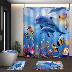 4Pcs Underwater Dolphin & Tropical Fish Print Vibrant Nautical Ocean Multi-Color Summer Shower Curtain Set 70.8×70.8 Inch