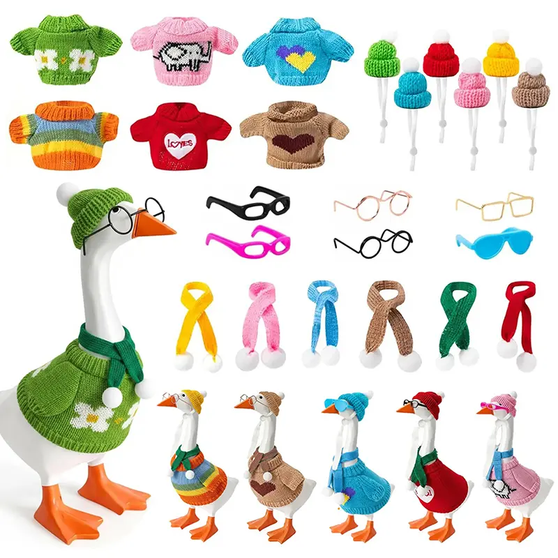 24 Pcs Polyester 7-in Desk Goose Knit Sweater Costume Set with Hats, Scarves, Glasses Accessories for Magnetic Desktop Goose Key Holder, Whimsical Decorations and Ornaments, Gift-Worthy Room Accessory (Toys & Hobbies DIY Specialty Supply)