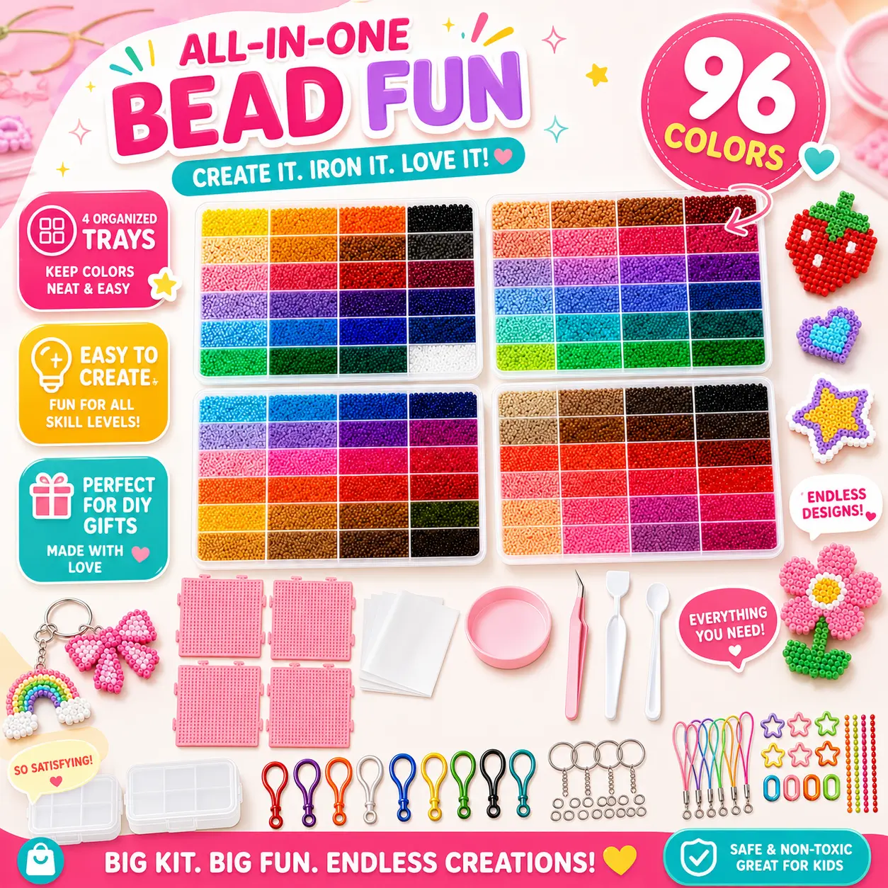 Love Pixel 2.6mm Plastic Fuse Beads Set (24/48/72/96 Colors) - 3D Pixel Puzzle DIY Craft Kit with Nail Board, Ironing Paper, Tweezers, Beading Accessories for Costume Jewelry, Keychains