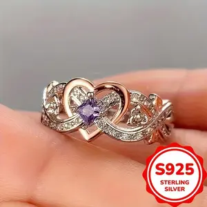 1pc Elegant 925 Sterling Infinity Heart Ring with Purple Synthetic Zirconia, Engagement Wedding Band, Daily  Special Occasion Jewelry, All Seasons Compatible
