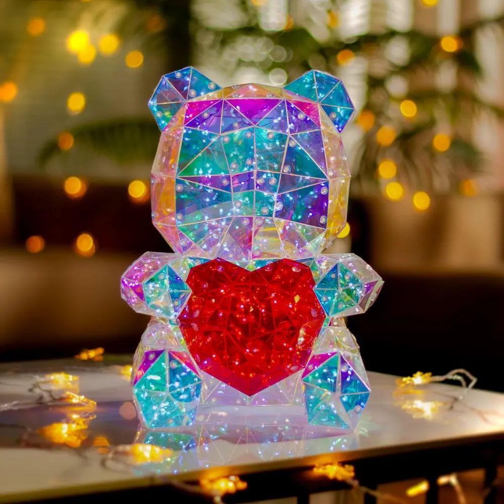 LQ  Iridescent Teddy Bear Statue  Holographic Glowing Bear with Rose Romantic Night, Birthday, Wedding, Valentine's Day, Anniversary, Christmas Decoration DIY Gift