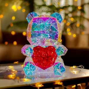 LQ  Iridescent Teddy Bear Statue  Holographic Glowing Bear with Rose Romantic Night, Birthday, Wedding, Valentine's Day, Anniversary, Christmas Decoration DIY Gift