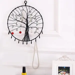 Black, Wall Hanging Round Metal Tree Silhouette Jewelry Holder