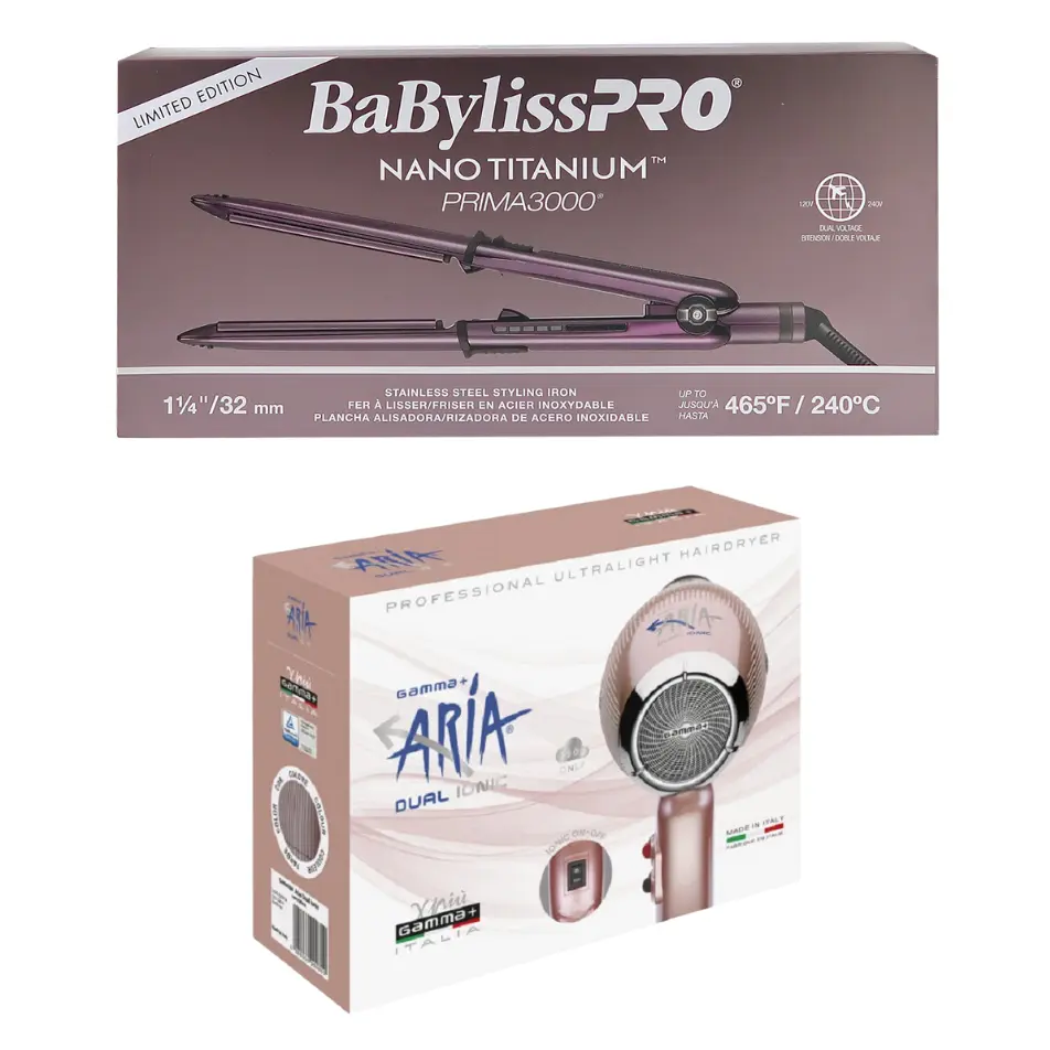 BaBylissPRO Nano Titanium Purple Prima3000 1¼" Flat Iron (BNTP3000TUC) + GAMMA Aria Pro 2200W Combo GPADIRG