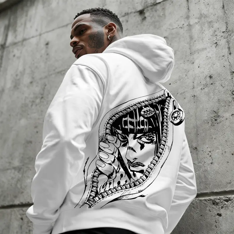Bruno Bucciarati Hoodie Sticky finger Stand user  Retro Men's Cotton Blend Classic Anime Design Long-Sleeved Pullover Casual Style Line Drawing Print Menswear Sweatshirts Tops Operator Unisex Fashionable Crewneck