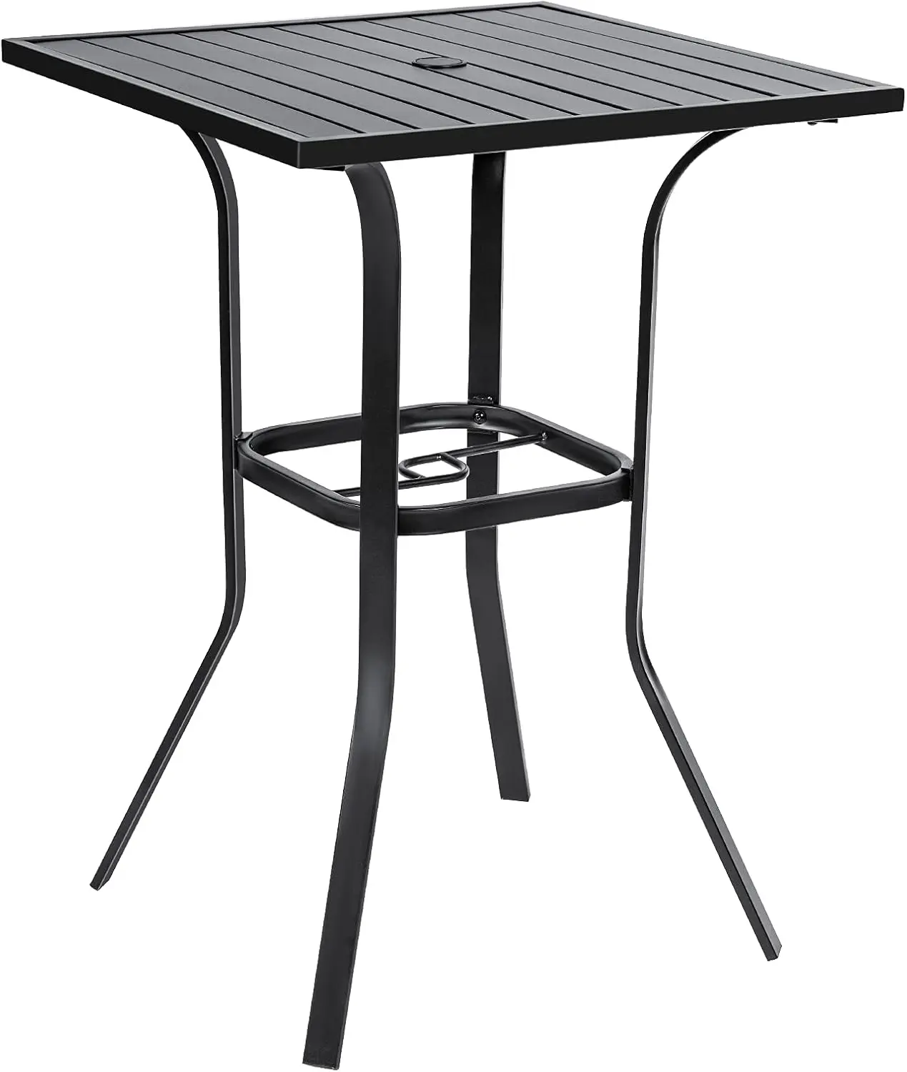 OUTROAD Patio High Bar Table, 39" Height Bistro Table with 1.57'' Umbrella Hole, Square Outdoor High Top Table Metal Steel Frame and Slat Design (Slatted Tables Top), Black